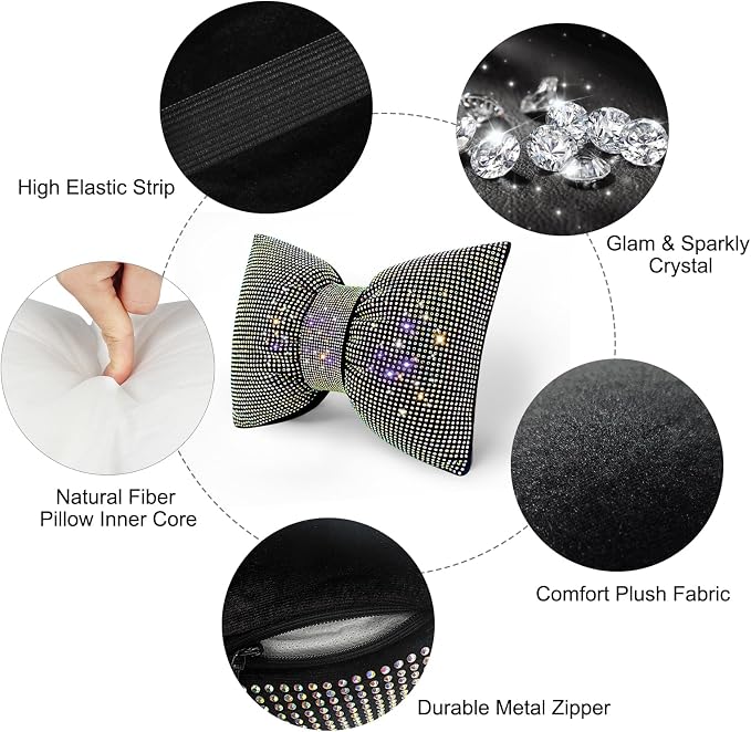 surpassme 2PCS Rhinestone Car Headrest Neck Pillow for Driving with Bling Bling Crystal Bow Pillow Car Accessories for Women (Color)