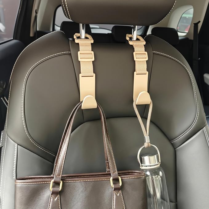 Amooca Car Headrest Hooks 4 Pack Adjustable Universal Fit Auto Seat Back Organizer Storage Hanger Purse Bags Holder with Clip Beige