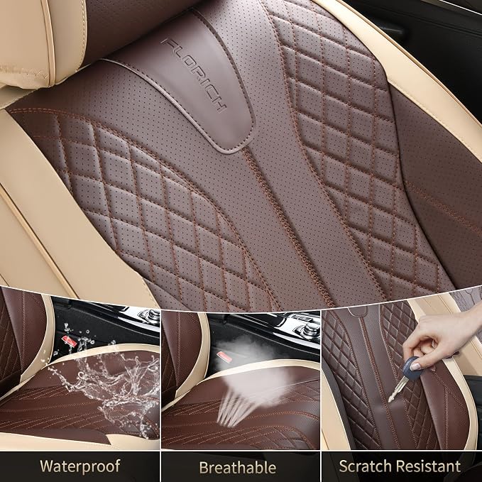 FLORICH Front and Back Seat Covers for Cars Leather Car Seat Cover Full Set 5 Seats Waterproof Seat Protector Automotive Seat Covers Carseat Cover Universal Fit for Most Cars SUV Trucks, Beige&Coffee