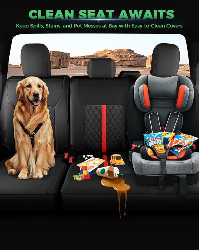 for Ford F150 Leather Seat Covers, SuperCrew XL XLT 2021-2026, F250 F350 F450 Super Duty Crew Cab 2023-2026, Custom Truck Seat Cover Full Set, Pickup Accessories, Black Red (Bucket Seat)