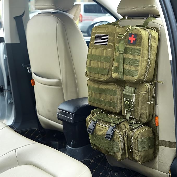 Universal Tactical Car Seat Back Organizer Bag Tactical Molle Vehicle Organizers Panel Vehicle Protector Organizers with 5 Detachable Pouches for Car Truck Ford Jeep (Army green)