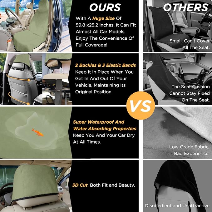 Waterproof Seat Cover Towel, 2PCS Premium Sweat Carseat Protector, Perfect for Universal Anti-Slip Car Truck SUV Seat, Great for Surfing Yoga Gym Workout, Green