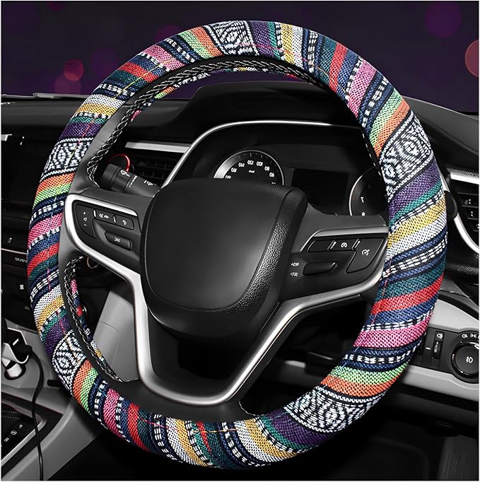 Boho Steering Wheel Cover, Anti-Slip Coarse Flax Cloth Ethnic Style Auto Wheel Cover, Breathable Boho Auto Steering Wheel Protector for Women Men, Car Accessories (Style B)