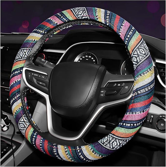 Boho Steering Wheel Cover, Anti-Slip Coarse Flax Cloth Ethnic Style Auto Wheel Cover, Breathable Boho Auto Steering Wheel Protector for Women Men, Car Accessories (Style B)