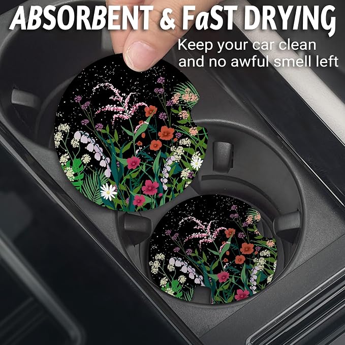 Yonlevres Car Coasters for Cup Holders，2.75" Anti Slip Rubber Mat with A Finger Notch, 2 Pack Car Cup Holder Coasters for Car Interior Accessories for Women Men Flower