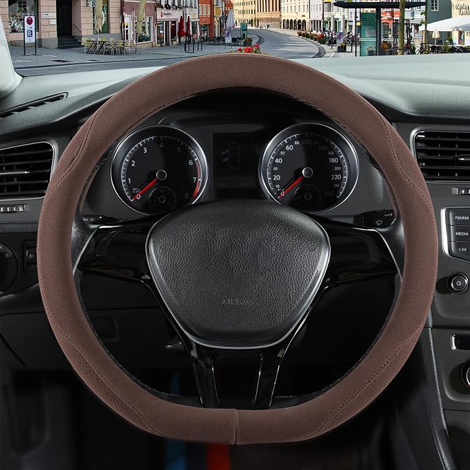 Brown Suede D Shaped Steering Wheel Cover 13.5 inch to 14 inch | Warm in Winter and Cool in Summer, Small Felt Car Accessories, Breathable Non-Slip Sweat-Proof Wear-Resistant