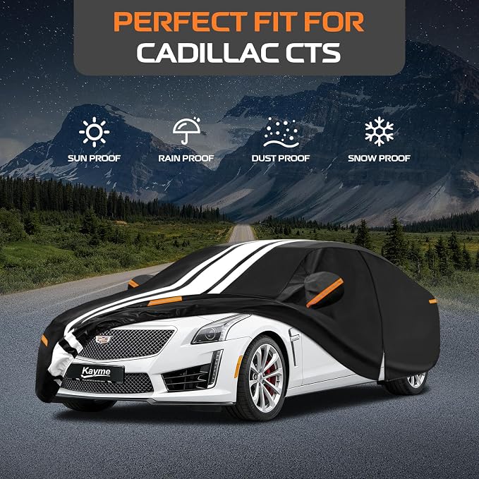 Kayme Heavy Duty Car Cover Custom Fit for Cadillac CTS/CTS-V (2002-2019) Waterproof All Weather for Automobiles, Gift with Tape/Towel, Outdoor Full Exterior Cover Rain Snow Sun UV Protection.