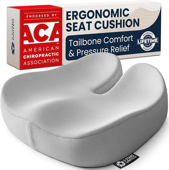 5 STARS UNITED Seat Cushion - Memory Foam Chair Cushion for Tailbone Pain Relief - Ergonomic Support for Coccyx, Sciatica & Butt - Office, Desk & Gaming Chair, Car Seat, Wheelchair, Light Gray Suede
