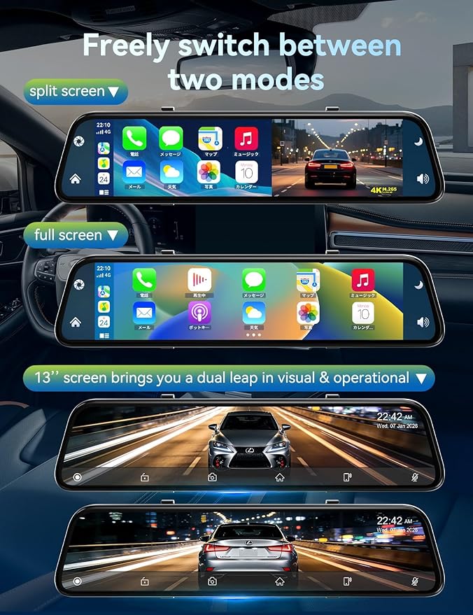 2026 Ultrawide 13’’ 4K Rear View Mirror Camera with Carplay&Android Auto, 5.8GHz WiFi Smart Rearview Mirror with Voice Control/Split Screen, 64GB Card Included,Reverse Assist/Loop Record/G-Sensor