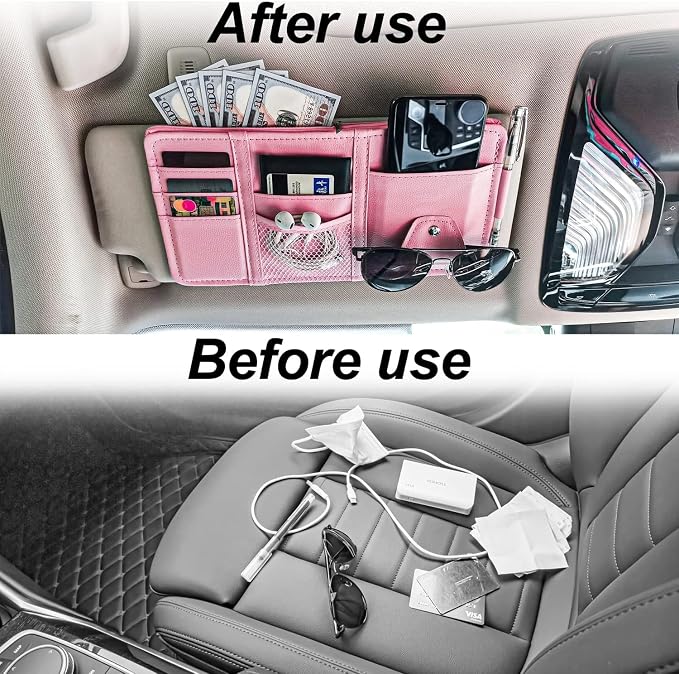 Keedolla 2 Pack Car Sun Visor Pocket Organizer, Auto Interior Accessories Car Truck Visor Organizer Storage Pouch Case Bag for Cards, Pens and Documents - Pink