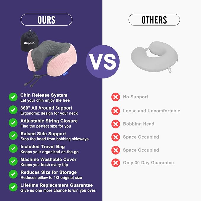napfun Neck Pillow for Traveling, Upgraded Travel Neck Pillow for Airplane 100% Pure Memory Foam Travel Pillow for Flight Headrest Sleep, Portable Plane Accessories, Pink