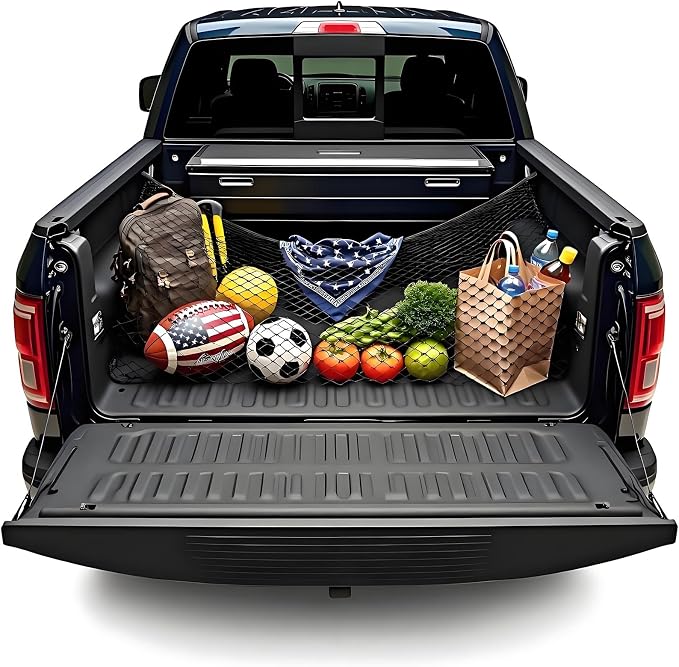 BAILALIBO Cargo Net with Metal Hooks, 48x48 in | Elastic stretchable mesh, adjustable for Pickup/SUV/truck, universal fit, trunk storage, heavy-duty car exterior accessory