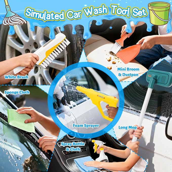 deAO Kids Car Wash Toy Cleaning Set with Brush Spray Bottle Ages 3+ | 13Pcs Cleaning Toy Set with Bucket,Caution Sign,Christmas Birthday Gift,for Girls Boys