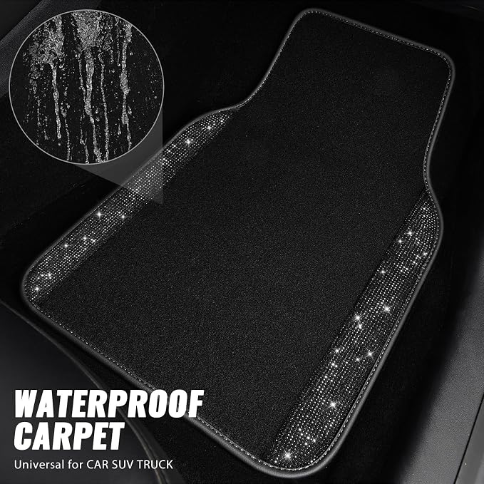 CAR PASS Bling Diamond Car Floor Mats, Sparkling Crystal Shining Glitter Rhinestone Carpet, Anti-Slip PVC Heel Pad Waterproof Universal for Automotive SUV,Sedan,Van,4pcs Girl Women Men Black Diamond