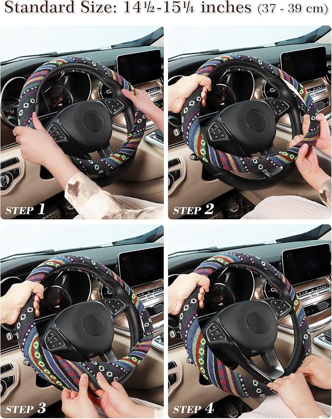 SEG Direct Boho Steering Wheel Cover, Baja Blanket Cloth, Coarse Flax | Bohemian Car Decor, Ethnic Style, Coarse Flax, Fabric Cover Fits 14 1/2-15 1/4 inches Standard Medium Size, for Women Men