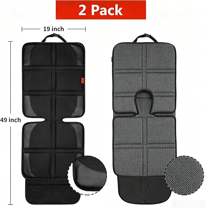 Kaiphy Car Seat Protector with Thick Padding + XL Large Car Seat Cover for Child Car seat, Eco Friendly Waterproof & Durable Fabric + 2 Storage Pockets Protect Fabric or Leather Seats 2Pack (Black)