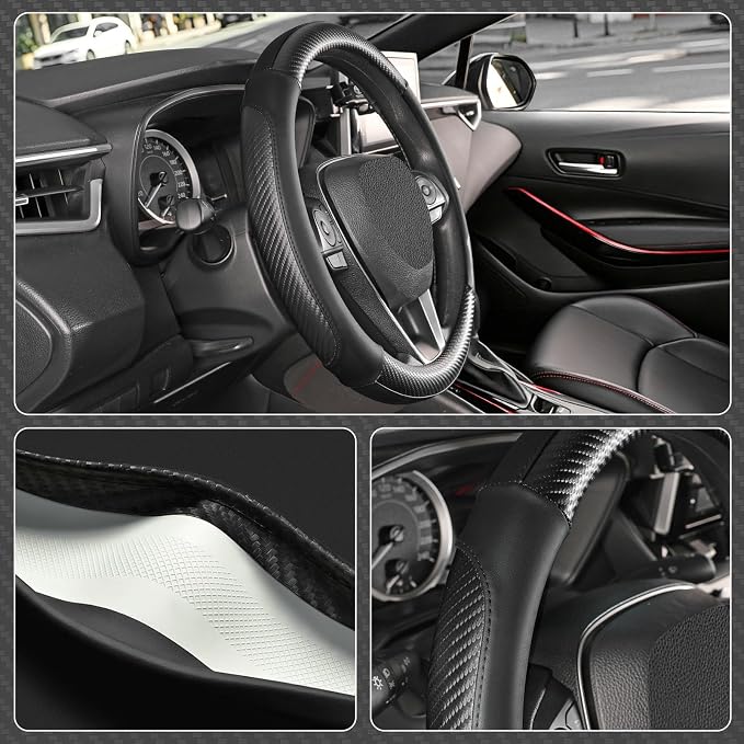 SEG Direct Car Steering Wheel Cover Standard Medium Size 14 1/2-15 inch, Non-Folding Packaging, Heavy Duty, Non-Slip, Black Microfiber Leather with Carbon Fiber Pattern