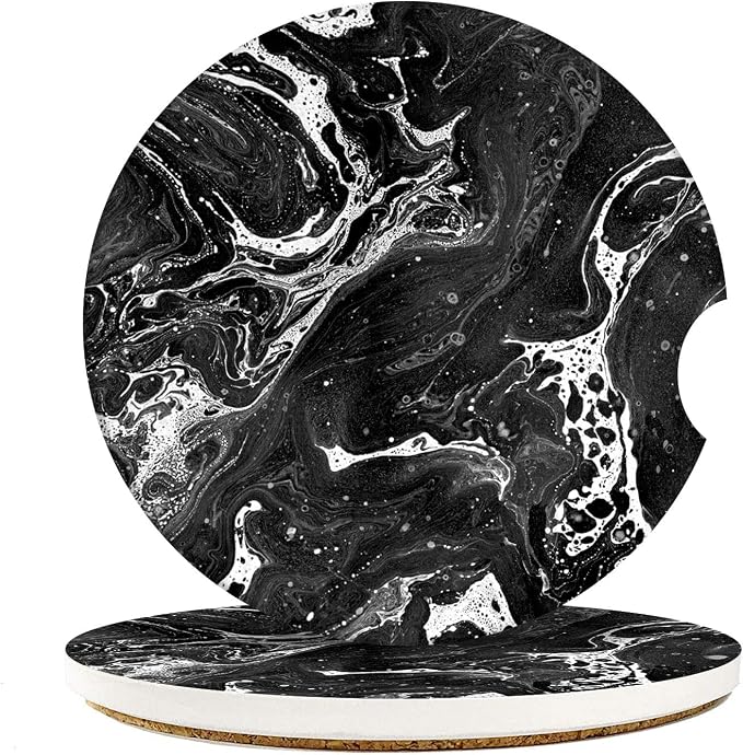 Britimes Absorbent Car Coasters 2 Pack for Cup Holders, 2.56" Ceramic Stone & Non-Scratch Cork Base Drink Coasters Black Marble