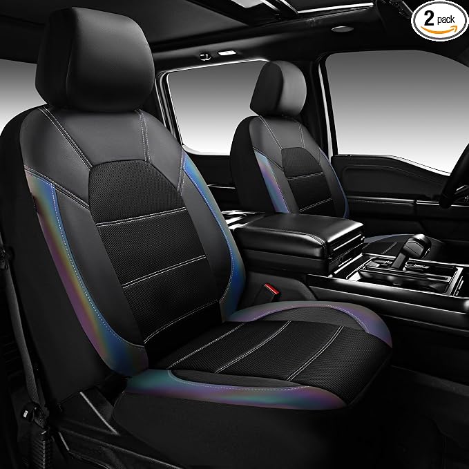 CAR PASS Leather Car Seat Covers Front Seats only, with Air Mesh Front Seat Covers Breathable, Cool Automotive Seat Covers 2 Pack, Universal Fit Most Cars,SUV,Truck,Van Airbag Compatible(Iridescent)