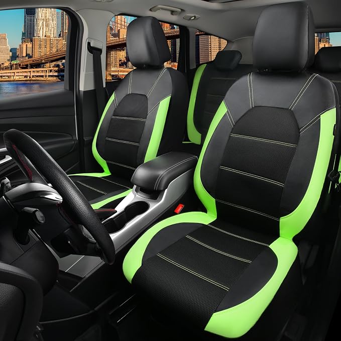 CAR PASS Luminous Green Leather seat Covers Universal Sport car seat Cover, 5mm Composite Sponge Inside, Airbag Compatible fits Most Cars, SUVs,Trucks,Vans (Full Set,Black with Green)