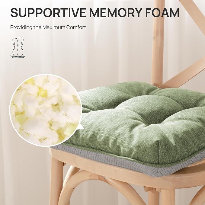 Love's cabin Memory Foam Chair Cushions Set of 4, 15.5"x15.5"x3.5" Indoor & Outdoor Seat Pads for Dining, Kitchen, Office, Patio Chairs - Green