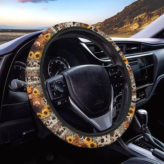 Wanyint Aztec Highland Cow Cowboy Sunflower Car Steering Wheel Cover Universal 15 Inch Auto Accessories Car Interior Decoration for Women Men Fit Cars SUV Sedan Vans Trucks