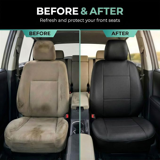 FH Group Car Seat Covers PU Leather Automotive Seat Covers Front Set, Black Seat Covers Pair Set with Gift Universal Fit Interior Accessories for Cars Trucks and SUVs