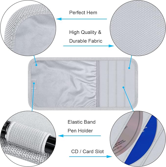 Wisdompro Car Sun Visor Storage Pouch, Sunglasses Bag & 3 CD Sleeves, Gray | with Pen Holder and Elastic Strap, Auto Sunvisor Organizer Pocket for Glasses, Document, Card, DVD, Papers, Receipts
