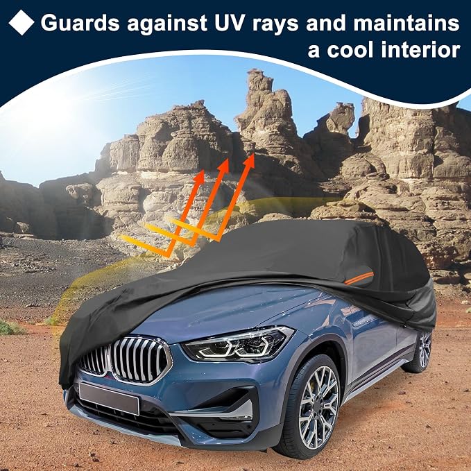 Black Heavy Duty Waterproof Car Cover for SUV 173"-179" - All-Weather UV Protected Outdoor Full Exterior Cover with Sun/Snow/Rain Resistance