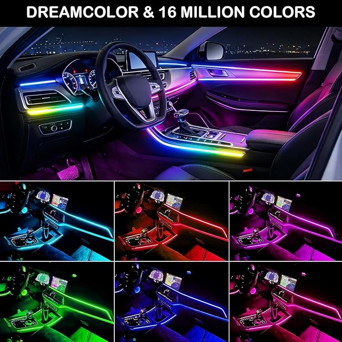 Interior Car LED Strip Lights, Acrylic LED Lights for Car with Dynamic Dreamcolor Chasing, 10 in 1 175 inches 593 LEDs Ambient Lighting Kits Music Sync Wireless APP and Remote Control