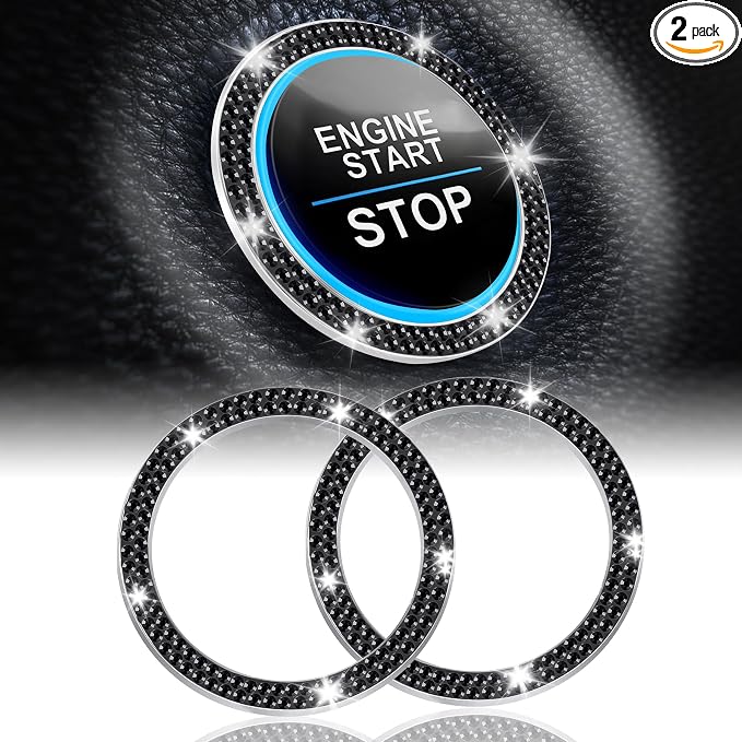 LivTee 2 PCS Crystal Double Rhinestone Car Engine Start Stop Decoration Ring, Bling Car Interior Accessories for Women, Push to Start Button Cover Sticker, Automotive Decals, Black