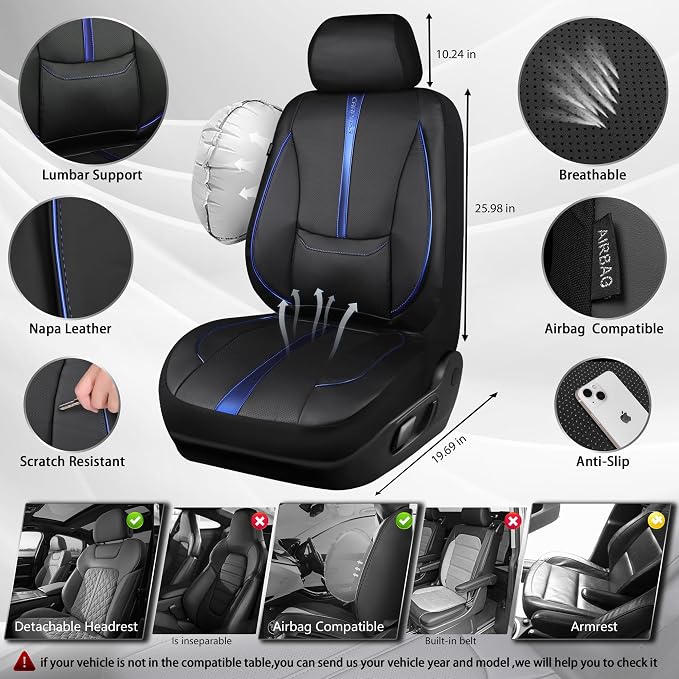 CAR PASS Nappa Leather Two Front Car Seat Covers, Water Resistant Faux PU Leather Seat Covers, 3D Foam Support Automotive Seat Covers Comfortable & Durable Universal Fit for Cars SUV Truck, Black Blue