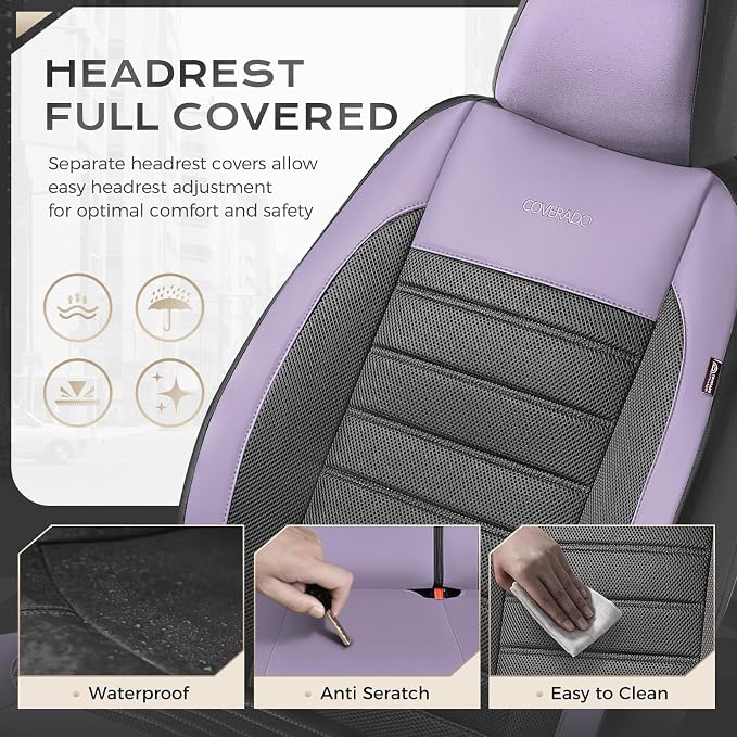 Coverado Car Seat Covers Full Set, Luxury Leather Car Seat Covers, Automotive Front and Rear Mesh Seat Covers, Full Set 5 Seats, Purple&Black Seat Covers for SUV Sedan Truck