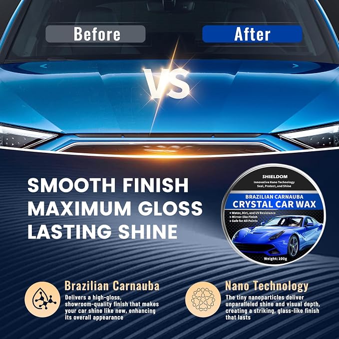 SHIELDOM Car Wax Polish Ceramic Coating Carnauba Wax Extra Gloss Paint Sealant Polishing Long Lasting Shine Hydrophobic for Cars, Trucks, SUVs, RVs with Microfiber Towel & Applicator Pad - 3.5oz/100g