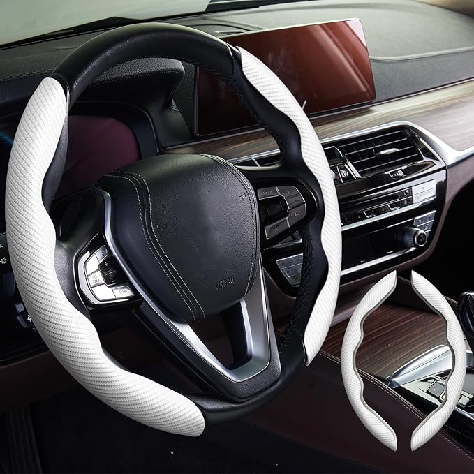 WOCOCN 2pcs Car Steering Wheel Cover,Anti-Skid Carbon Fiber Steering Wheel Protector for Men Women,Multiple Color Options,Universal for Most Car Interiors Accessories (White)