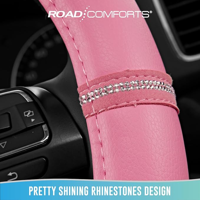 Road Comforts Leopard Steering Wheel Cover for Women, Cute Anti-Slip Microfiber Leather, Universal Fit 14.5-15 Inch Round Steering Wheel - Full Pink