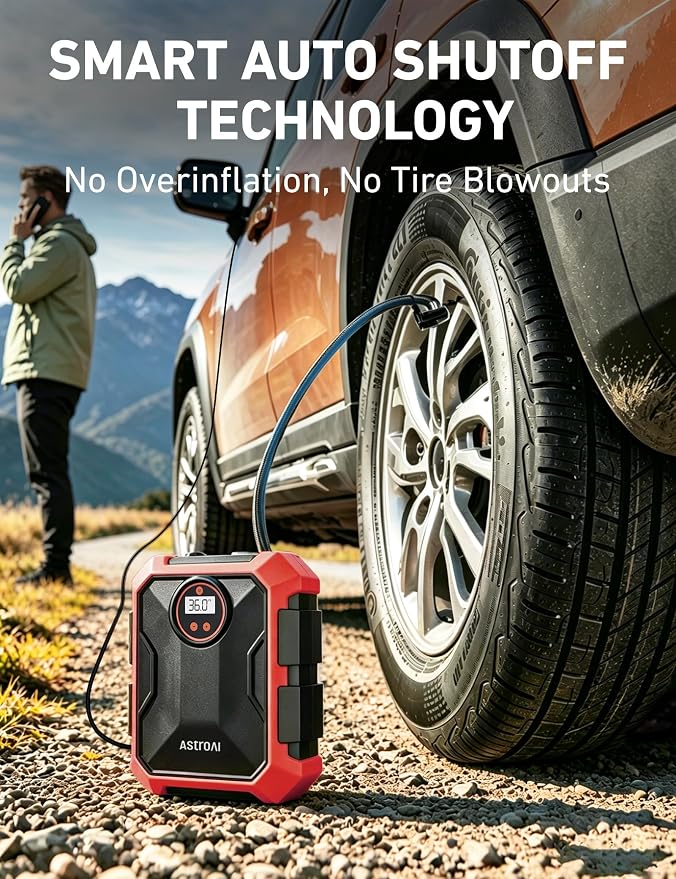 AstroAI Tire Inflator Portable Air Compressor 12V DC 100PSI, Integrated Storage, Digital Gauge, Auto Shut-Off Fast Inflation LED Light, Air Pump for Car Tires Bike Motorcycle Other Inflatables, Red