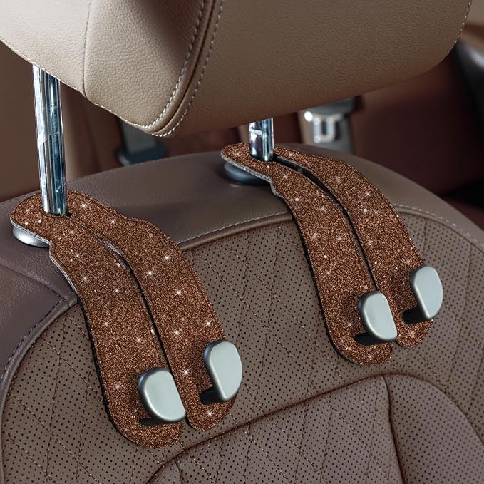 CoBak Purse Hook for Car - Universal Premium Stitched Leather and Aluminum-Magnesium Alloy Double Car Seat Back Storage Hook for Purses, Handbags, Bags (2 Pack),Brown Glitter