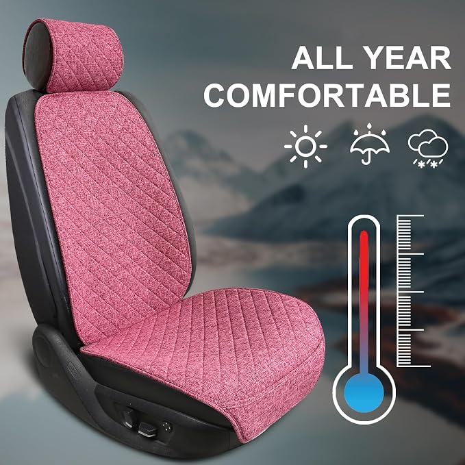 BOPUOVRE Linen Car Seat Cover - Non-Slip & Breathable - Universal Fit for Cars, Vans, SUVs, Trucks - 2 Units - Pink