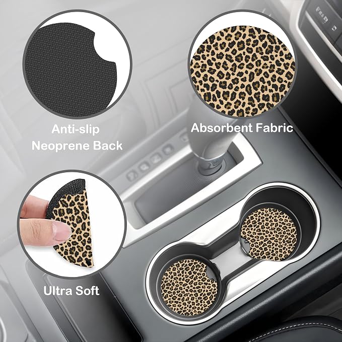 Leopard Animal Skin Steering Wheel Cover for Women, Anti-Slip Car Steering Wheel Cover with 2 Pcs Cup Holders Neoprene Breathable Car Accessories Universal 15 Inch Auto Interior Decor