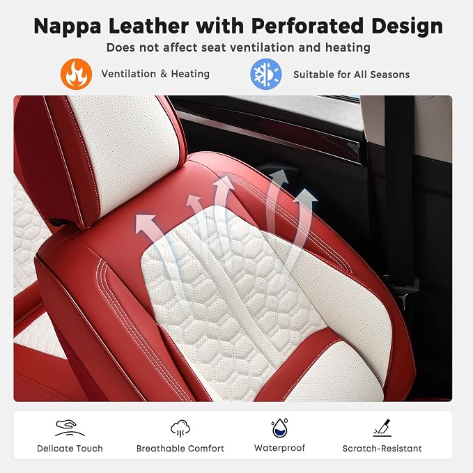 Huidasource Leather Seat Covers Universal Fit for Most Cars SUV Trucks, Waterproof Full-Cover Seat Covers Front Seat, Car Seat Cushion Cover Protector with Lumbar Support, Red & White