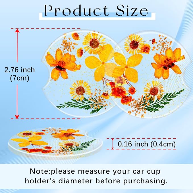 Swooflia Flower Car Cup Holder Coasters for Women - 2.75 Inch Cute Resin Clear Automotive Drink Cupholder Insert Car Accessories 2 Pack Orange Yellow
