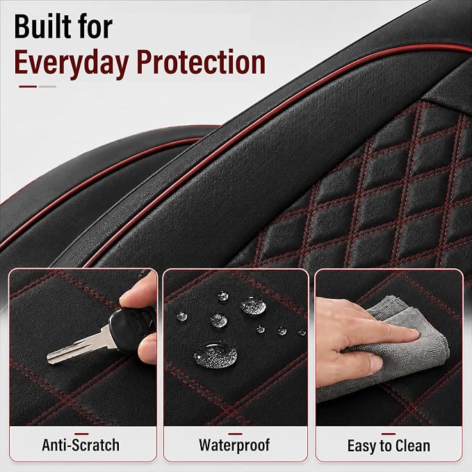 HChengkikz Car Seat Cover, Waterproof Nappa Leather (Black + Red) | Breathable, Airbag compatible, Easy to Install, Universal Fit for Most Cars, Sedans, SUVs, Vans, Trucks