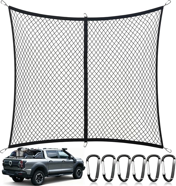Cargo Net for Pickup Truck Bed, Highly Elastic | Stretchable 4"x4" to 7"x7", Truck Bed Net with 6 Metal Carabiners, Suitable for Daily Light Loads of Trucks, Vans and SUVs