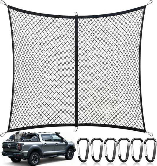 Cargo Net for Pickup Truck Bed, Highly Elastic | Stretchable 4"x4" to 7"x7", Truck Bed Net with 6 Metal Carabiners, Suitable for Daily Light Loads of Trucks, Vans and SUVs