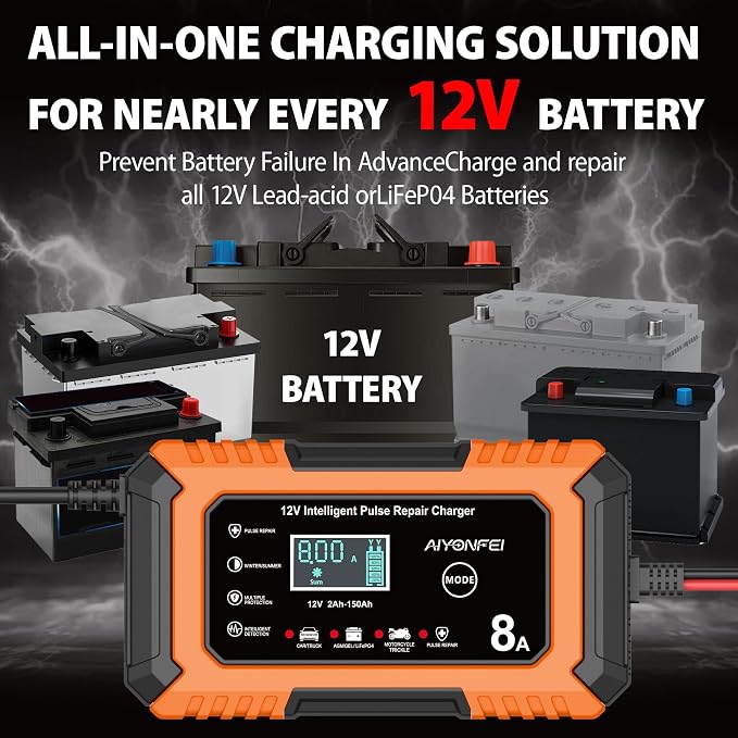 12V Battery Charger 8-Amp Smart Trickle Charger, Orange | Battery Maintainer and Desulfator, Temperature Compensation, for Car, Truck, SUV, Motorcycle, Boat, Lead Acid, LiFePO4