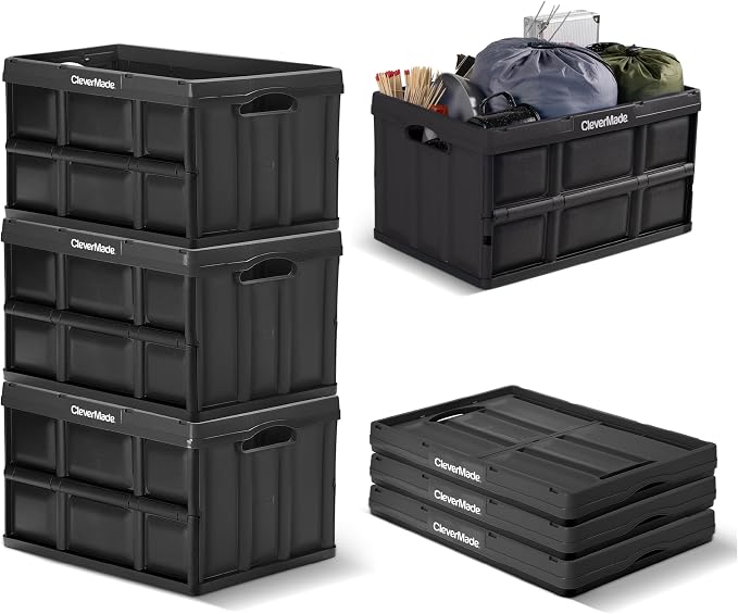 CleverMade Collapsible Plastic Storage Bins, 62L 3 Pack, Stacking, Obsidian | Built-in handles simplify garage, car and household organization, while the roomy open-top keeps bulky supplies accessible