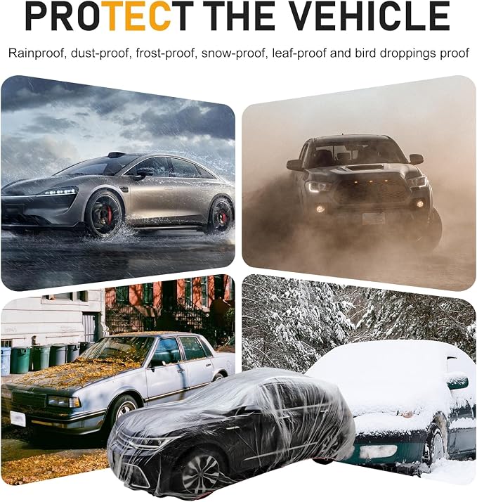 1 PC Disposable Car Covers, 11.5 FT x 19.7 FT Clear Plastic Car Cover, Rain Dust Garage Cover with Elastic Band, Universal for Cars Sedans SUVs (Transparent, M)