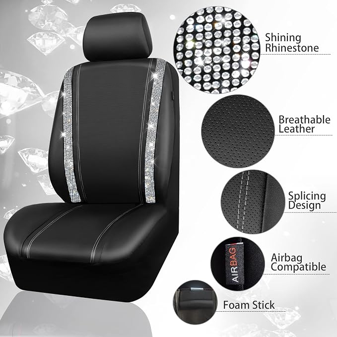 CAR PASS Bling Diamond Car Seat Covers, Shining Rhinestones Waterproof Faux Leather, 7 Seats 3 Rows with Zipper Glitter Crystal Sparkle Strips Universal Fit 95% MPV,SUV,CAR for Women Girl, Silver