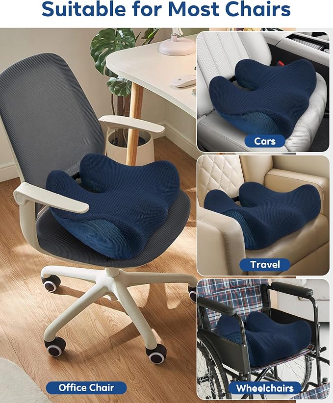 Feagar Seat Cushion for Office Chair - Memory Foam Tailbone Cushion for Desk Chair, Car Seat and Wheelchair - Ergonomic Chair Pad for Hip and Lower Back Comfort - Washable Mesh Cover Blue | Seat Cushion for Tailbone Pain Relief - for Desk Chair, Car& W...